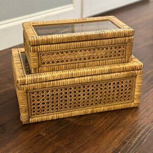 Decorative Rectangle Woven Rattan and Wood Display Boxes w/ Glass Top, Set of 2